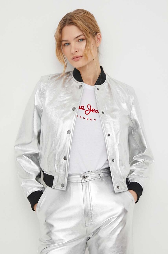 Δερμάτινο μπουφάν bomber Pepe Jeans SELENA λείο δέρμα ασημί PL402325