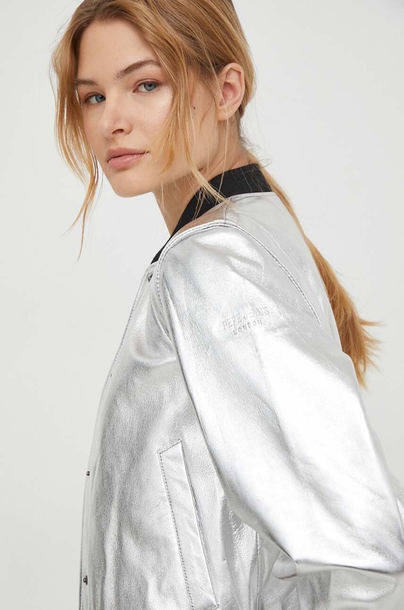 Δερμάτινο μπουφάν bomber Pepe Jeans SELENA PL402325 ασημί SS24