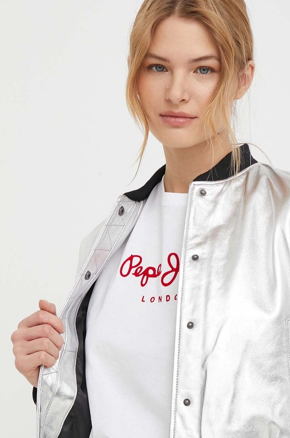 Δερμάτινο μπουφάν bomber Pepe Jeans SELENA PL402325 ασημί