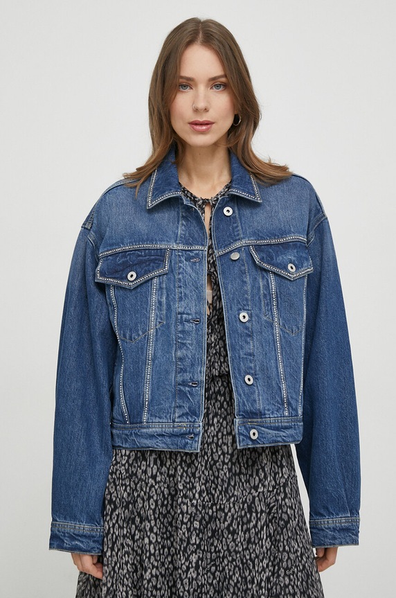 Rifľová bunda Pepe Jeans TURNER SPARKLE bez kapucne tmavomodrá PL402328