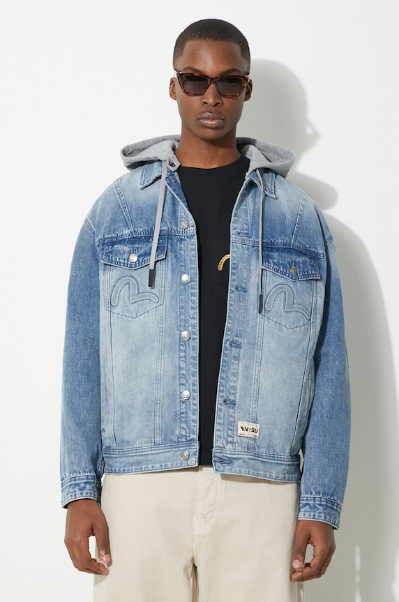 Τζιν μπουφάν Evisu Seagull & Evisu Embossed με κουκούλα μπλε 2ESHTM4DJ8080