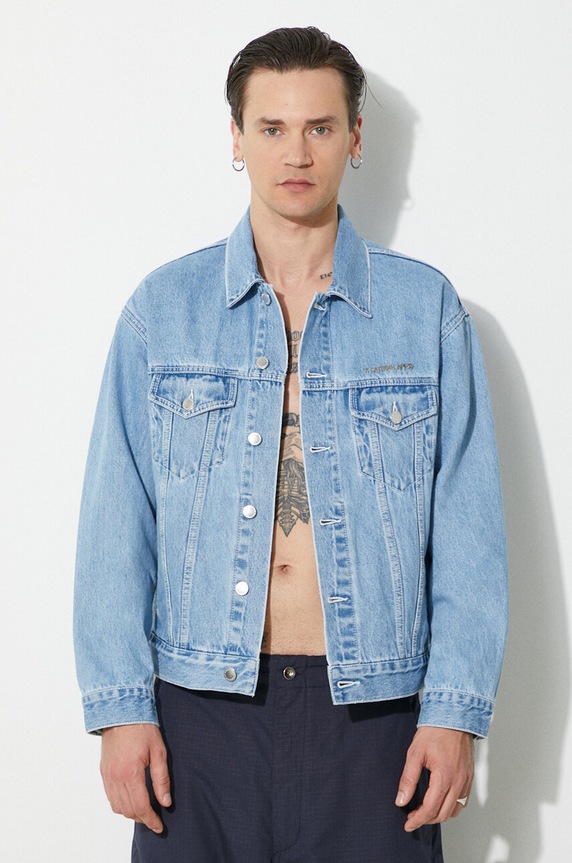 A Bathing Ape giacca di jeans Metal Logo Pin Denim Jacket non isolato blu 1J80140056