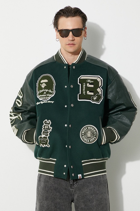 Вовняна куртка-бомбер A Bathing Ape Bape Patch Coach Jacket з підкладкою зелений 1J80141058