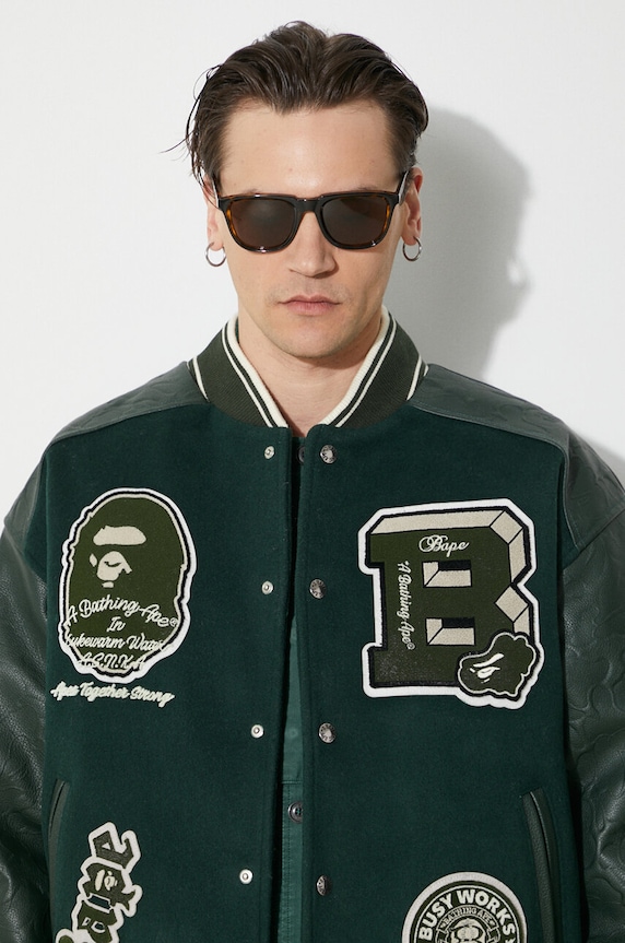 Вовняна куртка-бомбер A Bathing Ape Bape Patch Coach Jacket 1J80141058 зелений