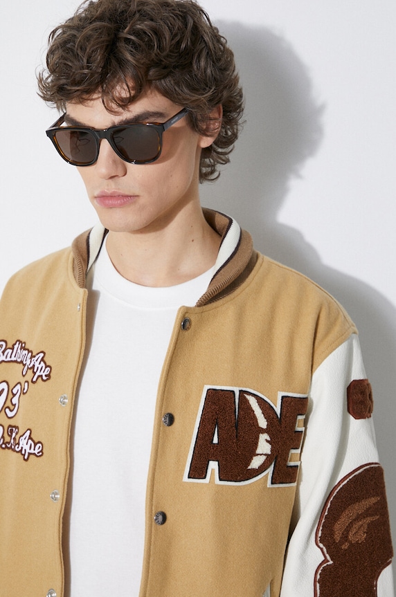 Vlněná bomber bunda A Bathing Ape Bape Multi Motif Varsity 1J80141001 béžová