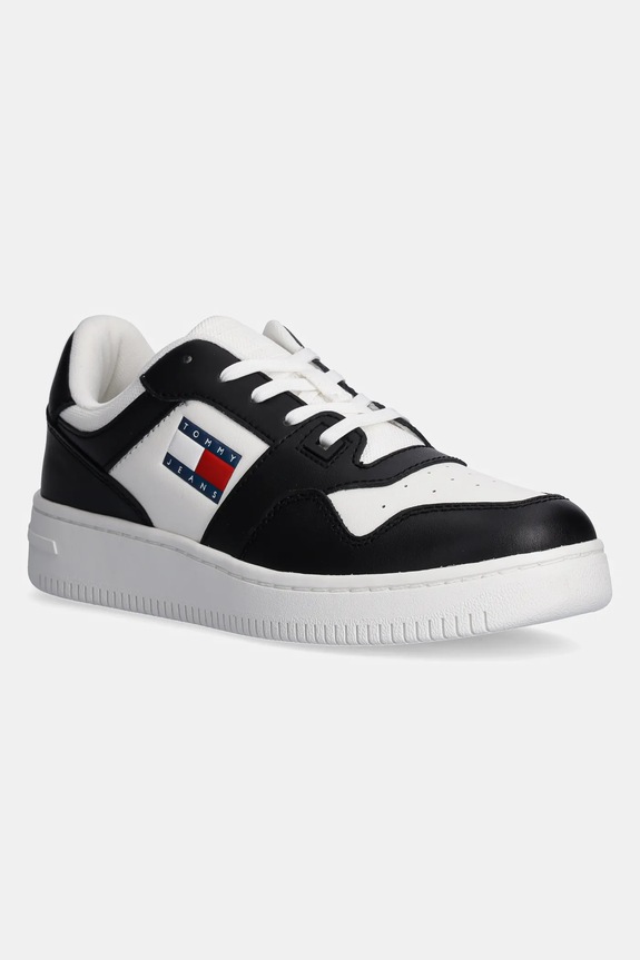 Kožené tenisky Tommy Jeans TJW RETRO BASKET ESS plochá čierna EN0EN02505