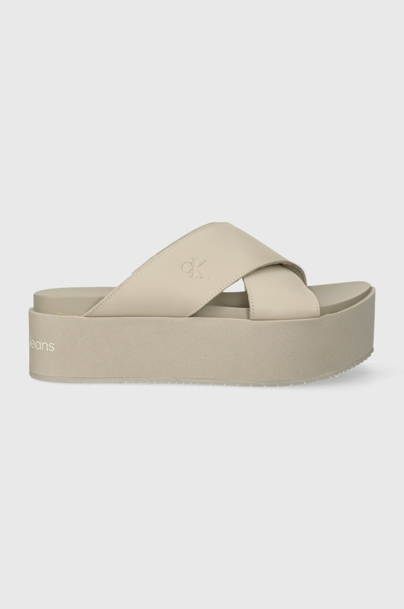 Calvin Klein Jeans bőr papucs FLATFORM CROSS MG UC platform bézs YW0YW01349