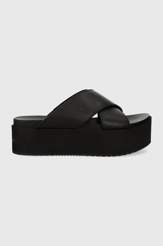 Calvin Klein Jeans klapki skórzane FLATFORM CROSS MG UC 5-8 cm czarny YW0YW01349