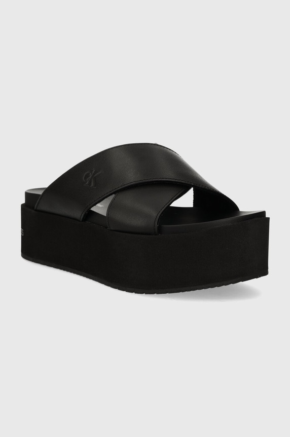 Calvin Klein Jeans klapki skórzane FLATFORM CROSS MG UC YW0YW01349 czarny SS25