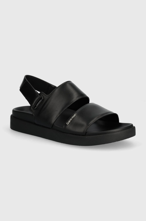 Calvin Klein sandali in pelle FLAT SANDAL CALVIN MTL LTH pelle fiore nero HW0HW01984