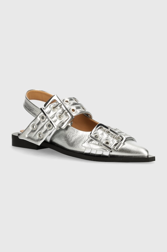 GANNI baleriny Feminine Buckle Ballerina Metallic odkryta pięta srebrny S2725