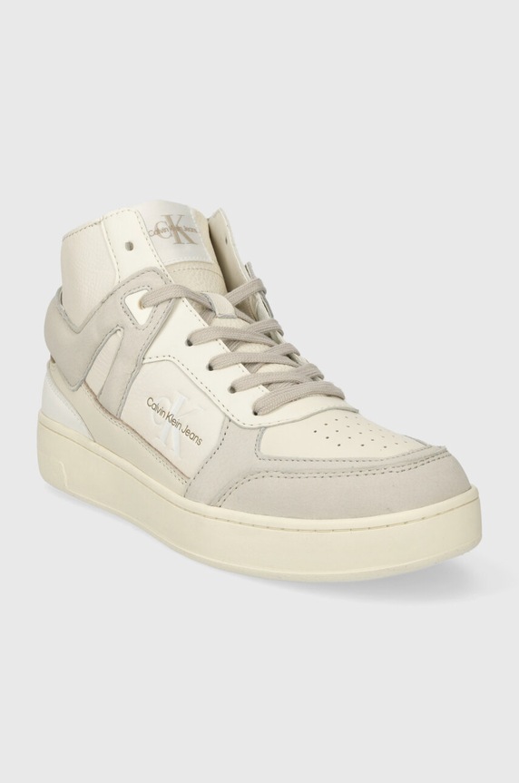 Calvin Klein Jeans sneakersy skórzane BASKET CUPSOLE MID LTH ML FAD YM0YM00883 beżowy SS24