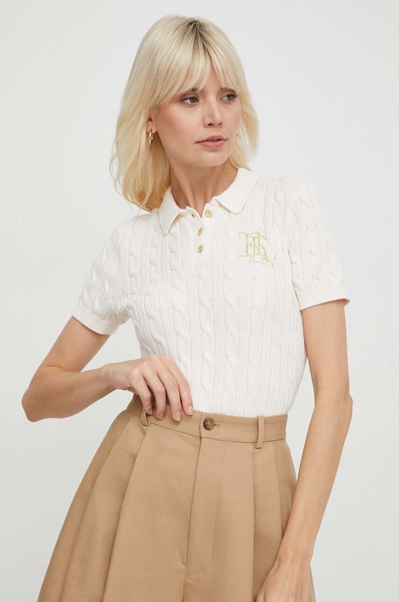Lauren Ralph Lauren Sveter s krátkym rukávom dámsky bavlnený bavlna béžová 200932224