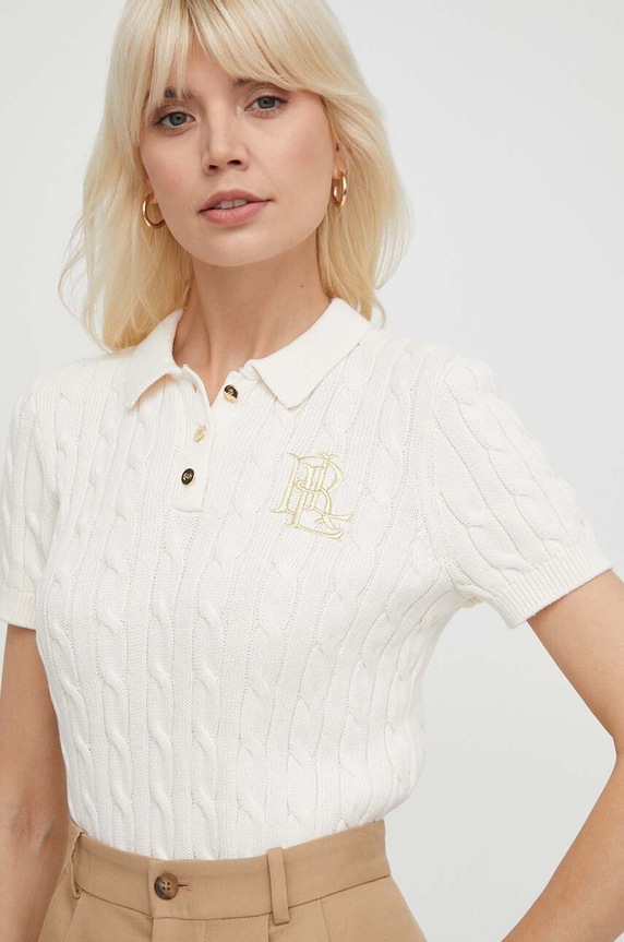 Lauren Ralph Lauren Sveter s krátkym rukávom dámsky bavlnený béžová 200932224