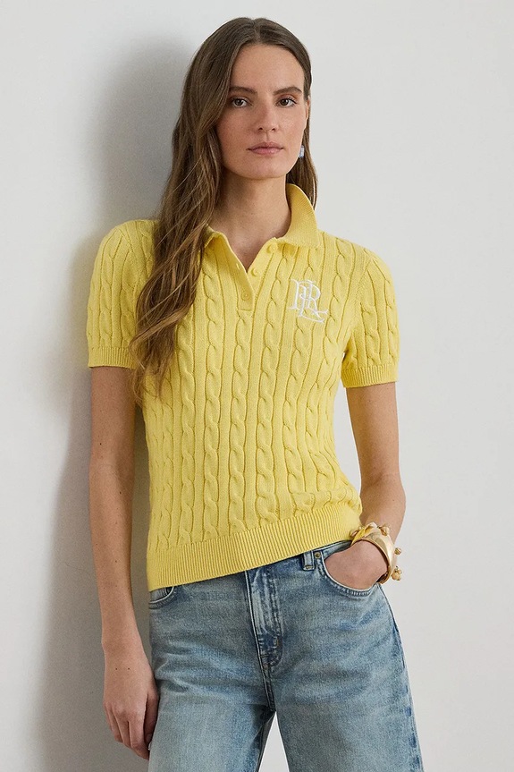 Lauren Ralph Lauren pulover cu mânecă scurtă pentru femei, din bumbac galben 200932224