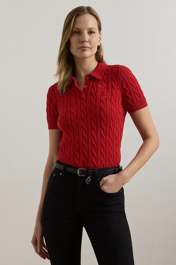 Lauren Ralph Lauren sweter z krótkim rękawem damski bawełniany czerwony 200932224