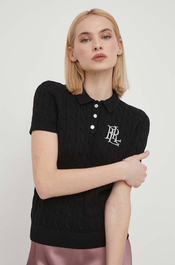Lauren Ralph Lauren sweter z krótkim rękawem damski bawełniany bawełna czarny 200932224