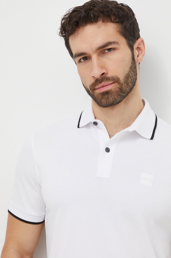 Oblačila BOSS Orange polo majica moška bombažna z elastanom Passertip 50507699 bela