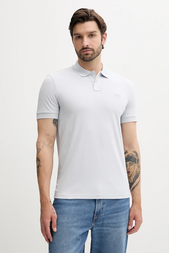 BOSS Orange polo tričko pánske bavlnené s elastanom Passenger slim modrá 50507803