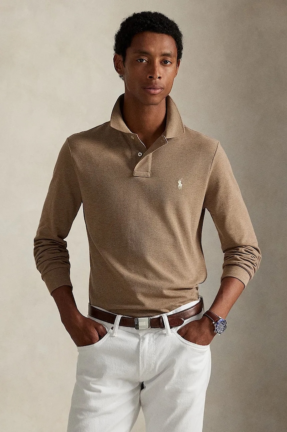 Βαμβακερή μπλούζα με μακριά μανίκια Polo Ralph Lauren slim μπεζ 710680790