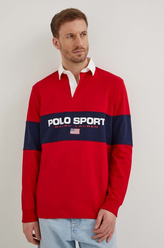 Βαμβακερή μπλούζα με μακριά μανίκια Polo Ralph Lauren εμπριμέ κόκκινο 710938458