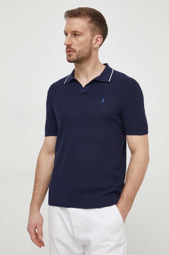 Πόλο με μείγμα με λινό Polo Ralph Lauren κανονικό σκούρο μπλε 710934180