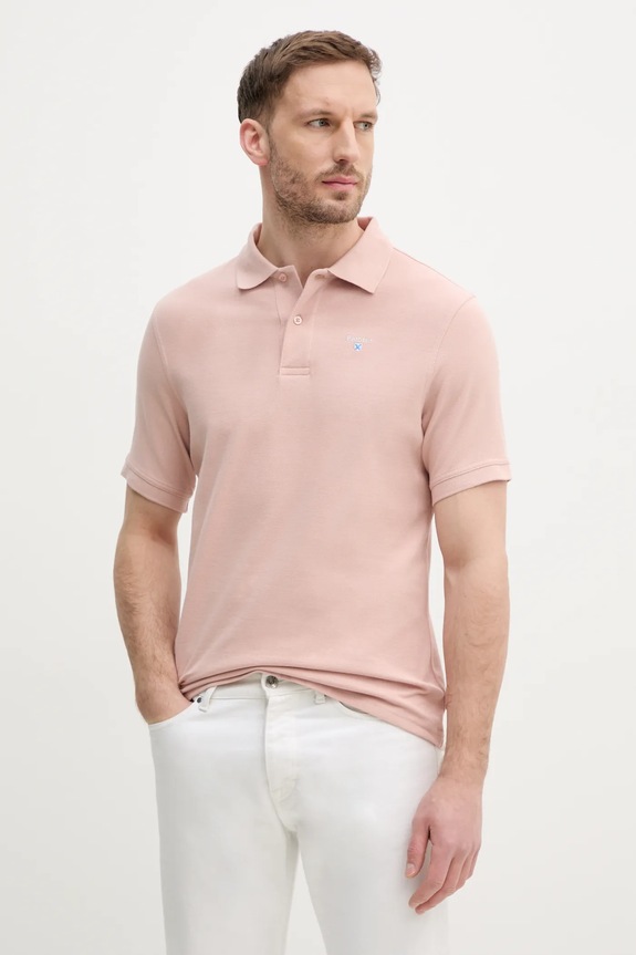 Памучна тениска с яка Barbour розов MML0358