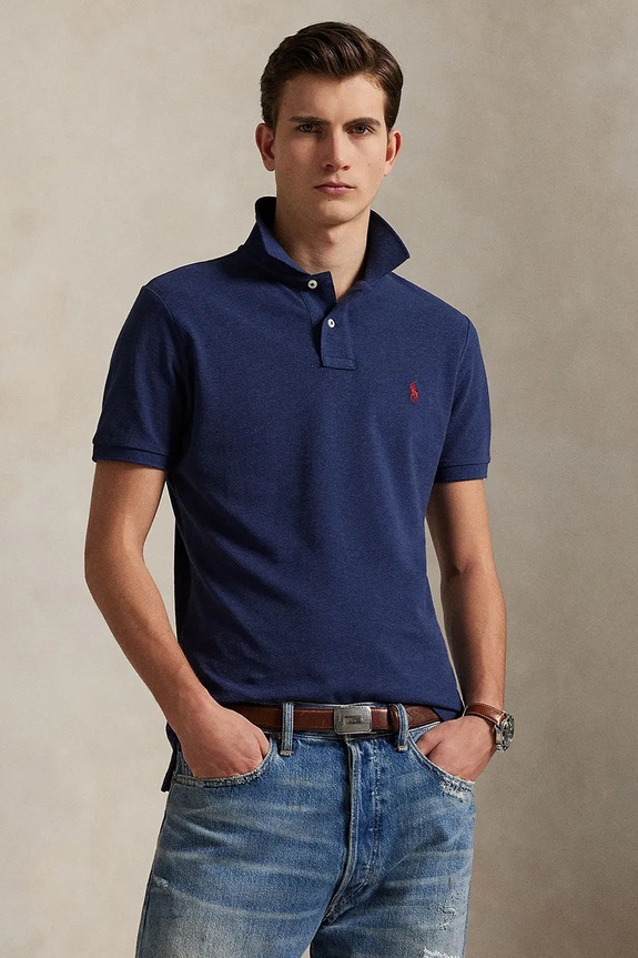 Βαμβακερό μπλουζάκι πόλο Polo Ralph Lauren slim σκούρο μπλε 710680784
