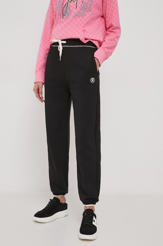 Pamučni donji dio trenirke Tommy Hilfiger bez uzorka crna WW0WW41044