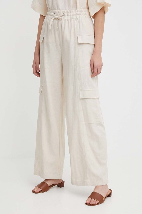 Plátěné kalhoty Dkny high béžová DJ4P3015