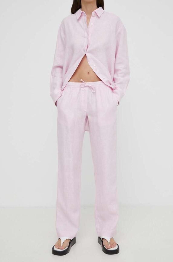 Samsoe Samsoe spodnie lniane HOYS F23900002 różowy AW25