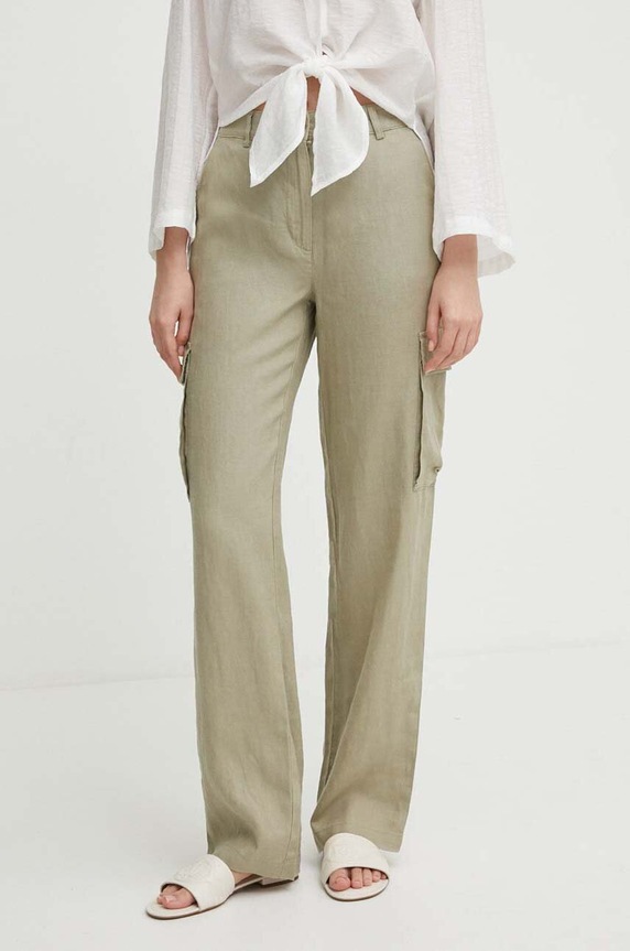 Λινό παντελόνι United Colors of Benetton ψηλή πράσινο 4AGHDF05V