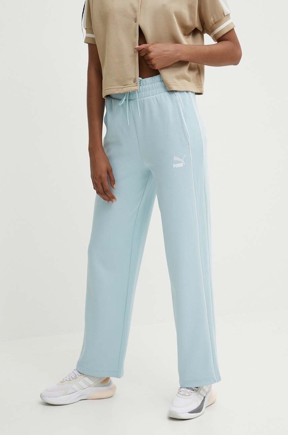 Puma spodnie dresowe T7 High Waist Pant dzianina niebieski 624212