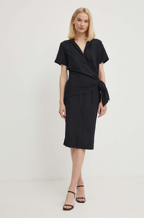 Sisley rochie din in cu guler negru 40BRLV05L