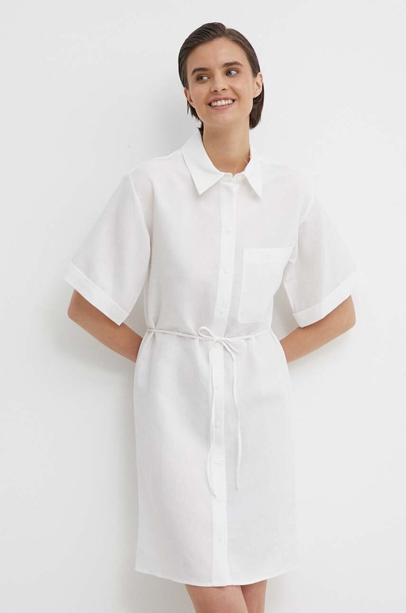 Šaty s příměsí lnu Calvin Klein mini bílá K20K206697