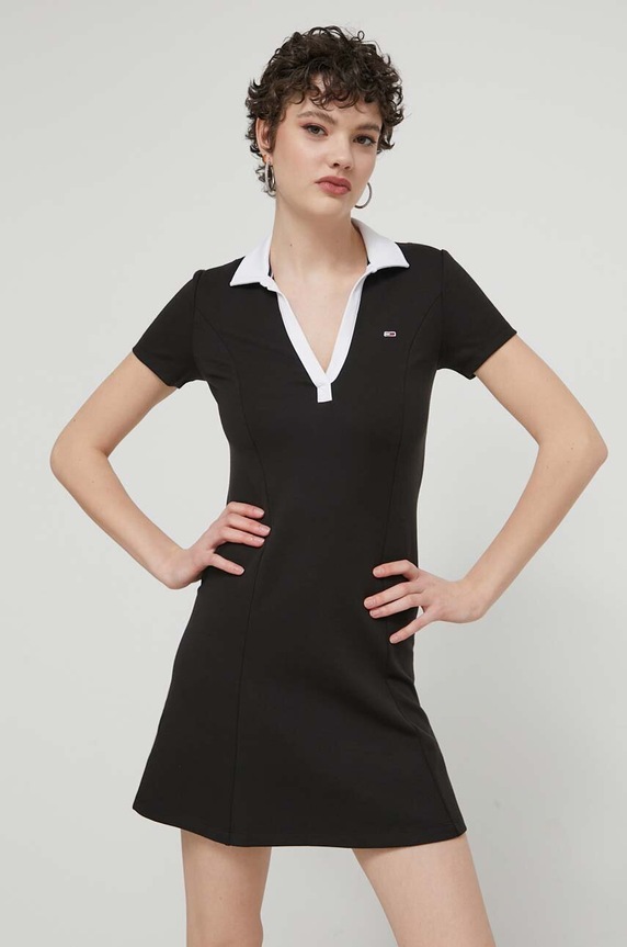 Tommy Jeans rochie cu guler negru DW0DW17937