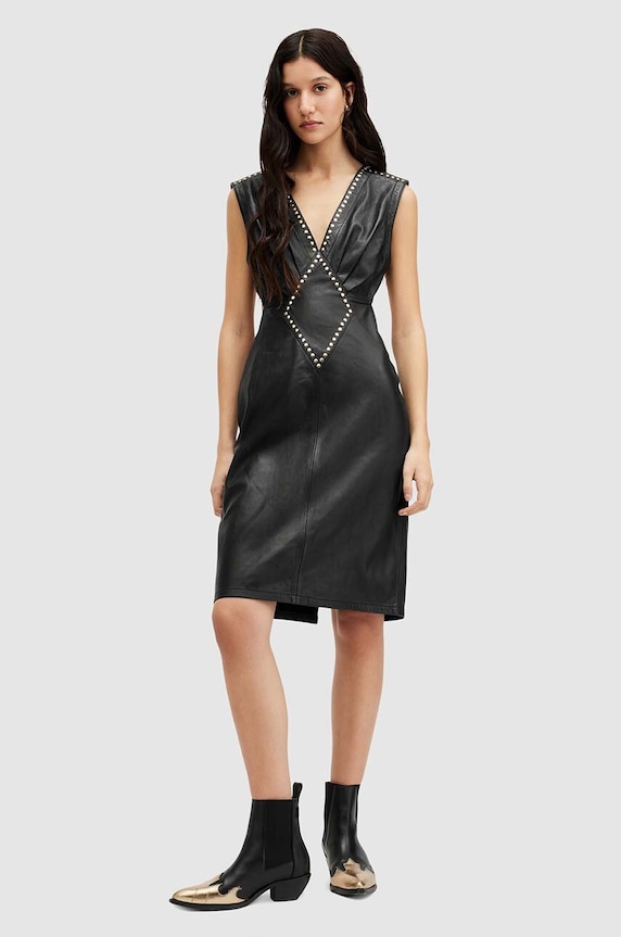 Кожена рокля AllSaints SYLA LEA STUD DRESS шпиц черен WL536Z