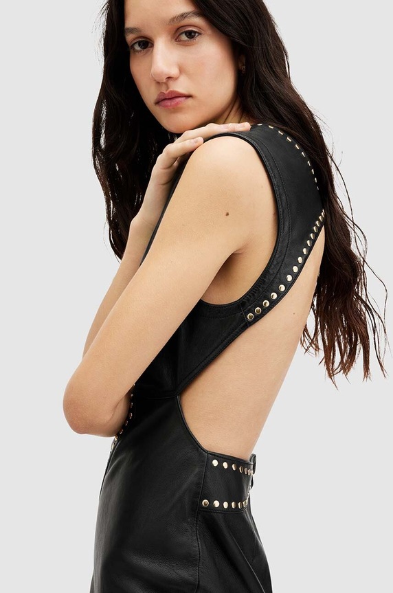 Кожена рокля AllSaints SYLA LEA STUD DRESS черен WL536Z