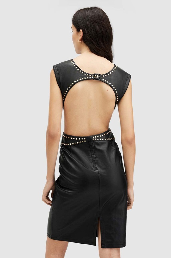 Кожена рокля AllSaints SYLA LEA STUD DRESS WL536Z черен