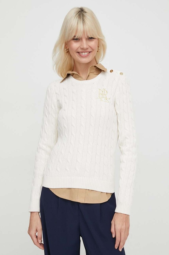 Pamučni pulover Lauren Ralph Lauren pamuk bež 200932223