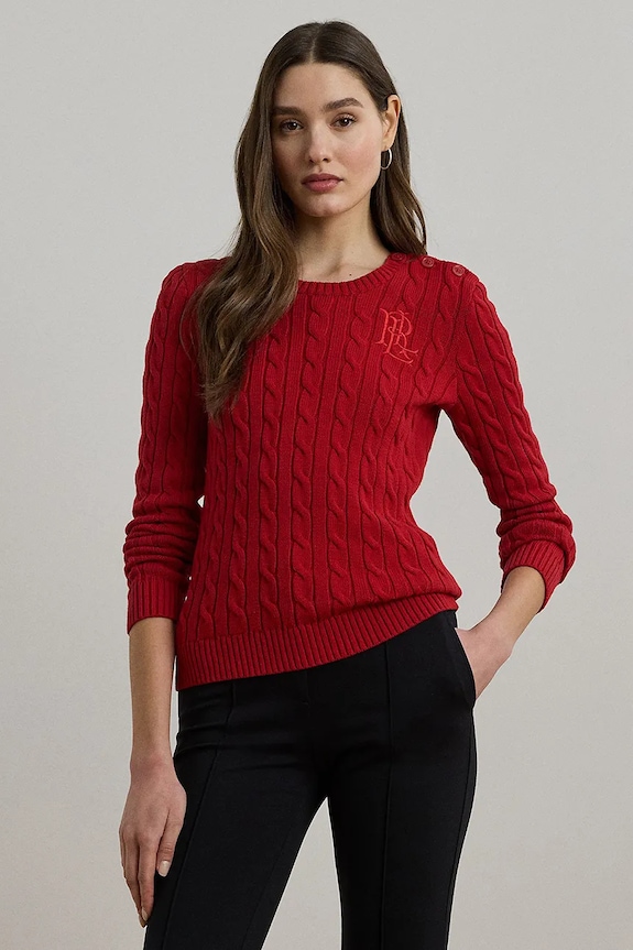Bavlněný svetr Lauren Ralph Lauren kulatý červená 200932223