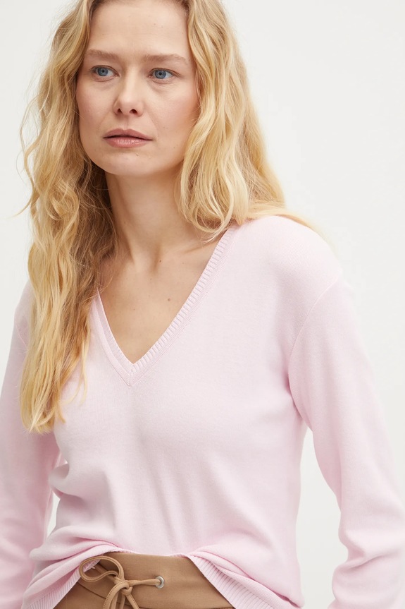 Bavlněný svetr United Colors of Benetton V výstřih růžová 1091D4625