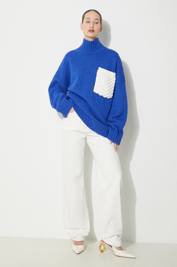 Вълнен пуловер JW Anderson Textured Patch Pocket Turtleneck Jumper KW1150.YN0144.823 син SS24