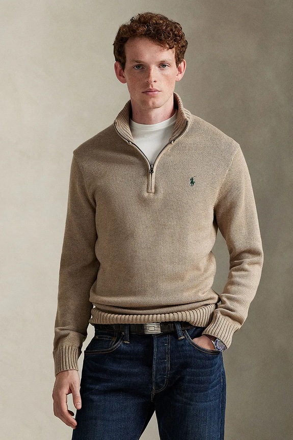 Памучен пуловер Polo Ralph Lauren изчистен кафяв 710859939