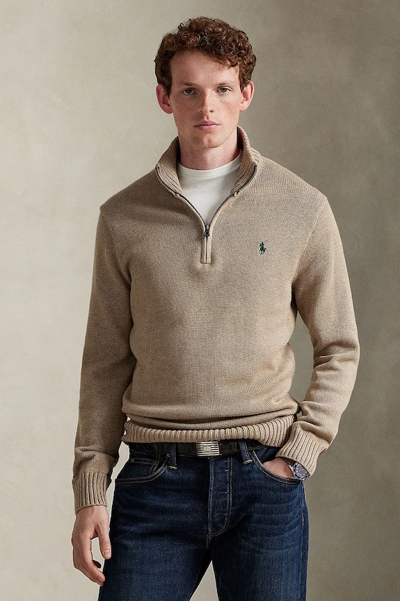 Памучен пуловер Polo Ralph Lauren изчистен кафяв 710859939