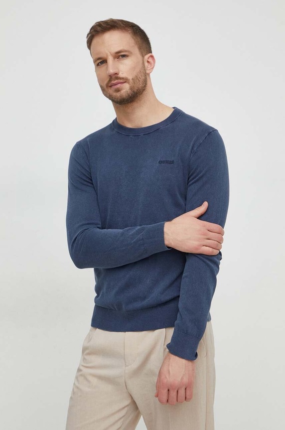 Pulover s dodatkom svile Guess okrugli mornarsko plava M4GR06.Z3DN1