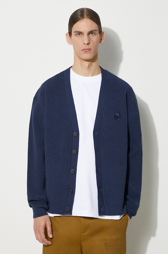Neil Barrett cardigan Bold Fox Head Patch Comfort Ribbed Cardigan plain navy MM00506KT1098