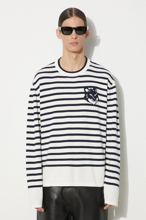 Bavlněný svetr Maison Kitsuné Fox Head Intarsia Comfort Striped Jumper vzorovaný námořnická modř MM00803KT1102
