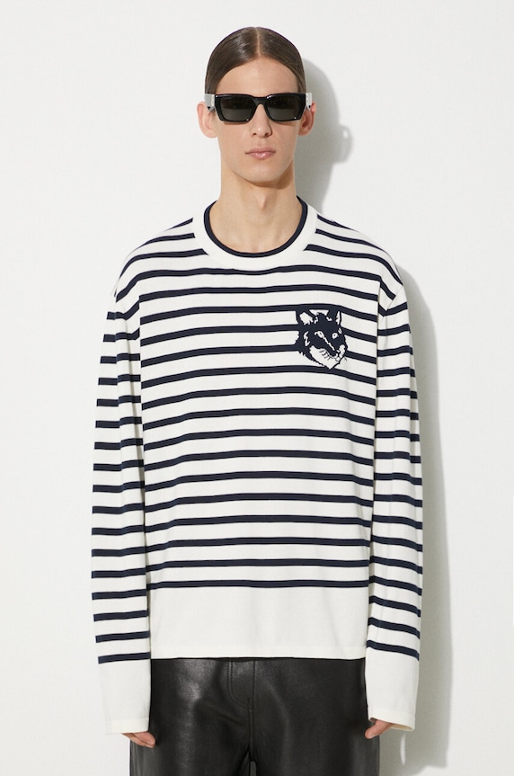 Bavlněný svetr Maison Kitsuné Fox Head Intarsia Comfort Striped Jumper vzorovaný námořnická modř MM00803KT1102