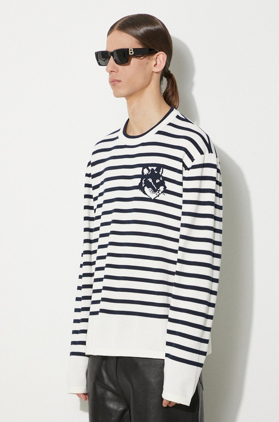 Bavlněný svetr Maison Kitsuné Fox Head Intarsia Comfort Striped Jumper námořnická modř MM00803KT1102